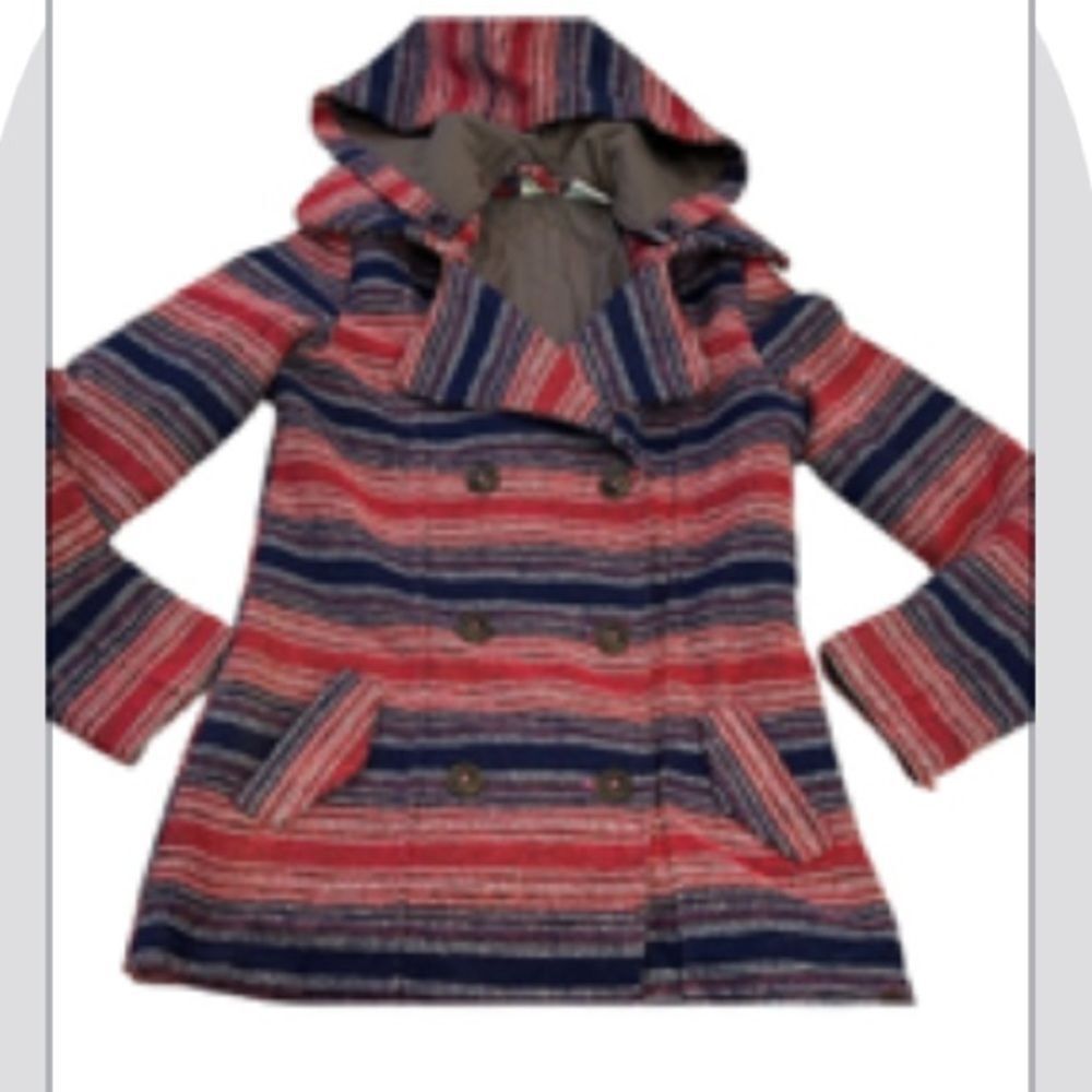Roxy Red and Blue Striped Hooded Pea Coat